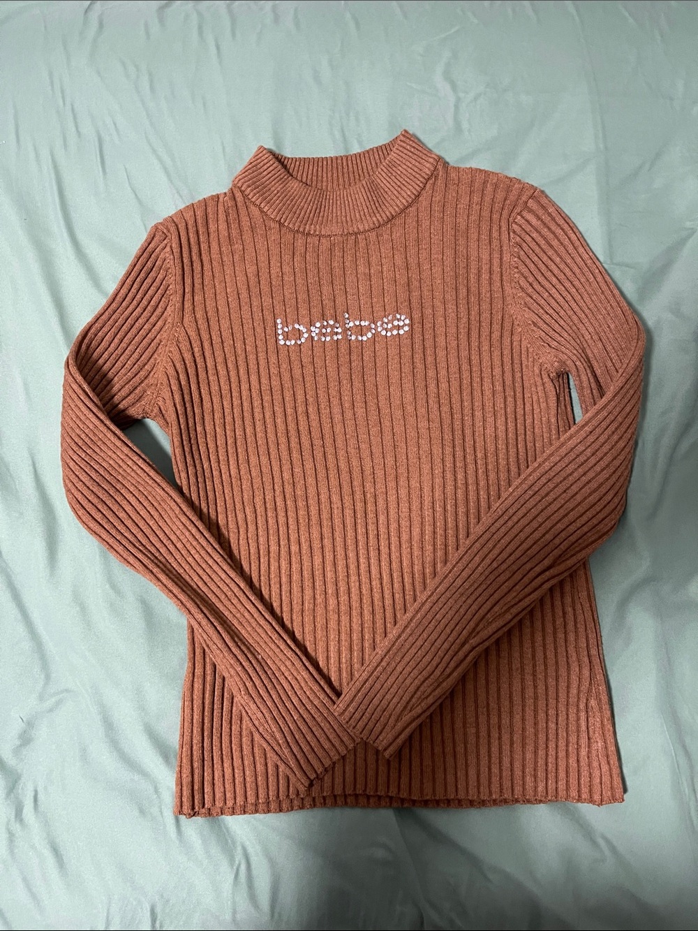 bebe Ribbed Mock Neck Sweater Top - Rusty Copper